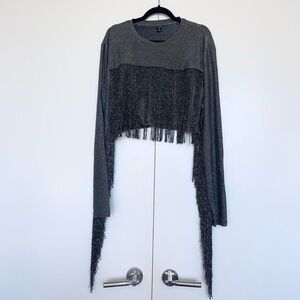 Shein | Silver dark grey fringe long sleeve shimmery crop top | Size XL